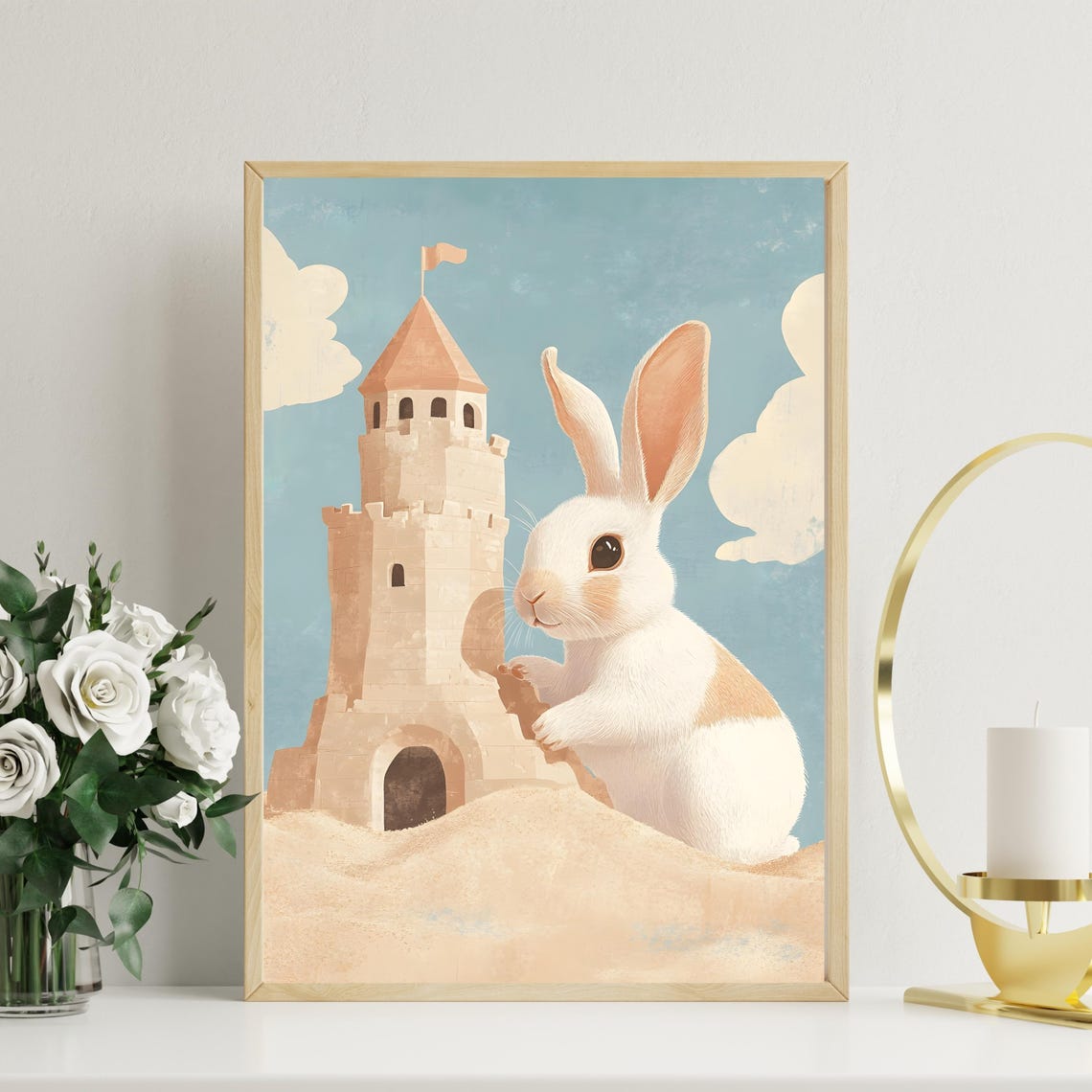Adorable White Bunny Building a Sandcastle Tower on the Beach Poster - Image 5