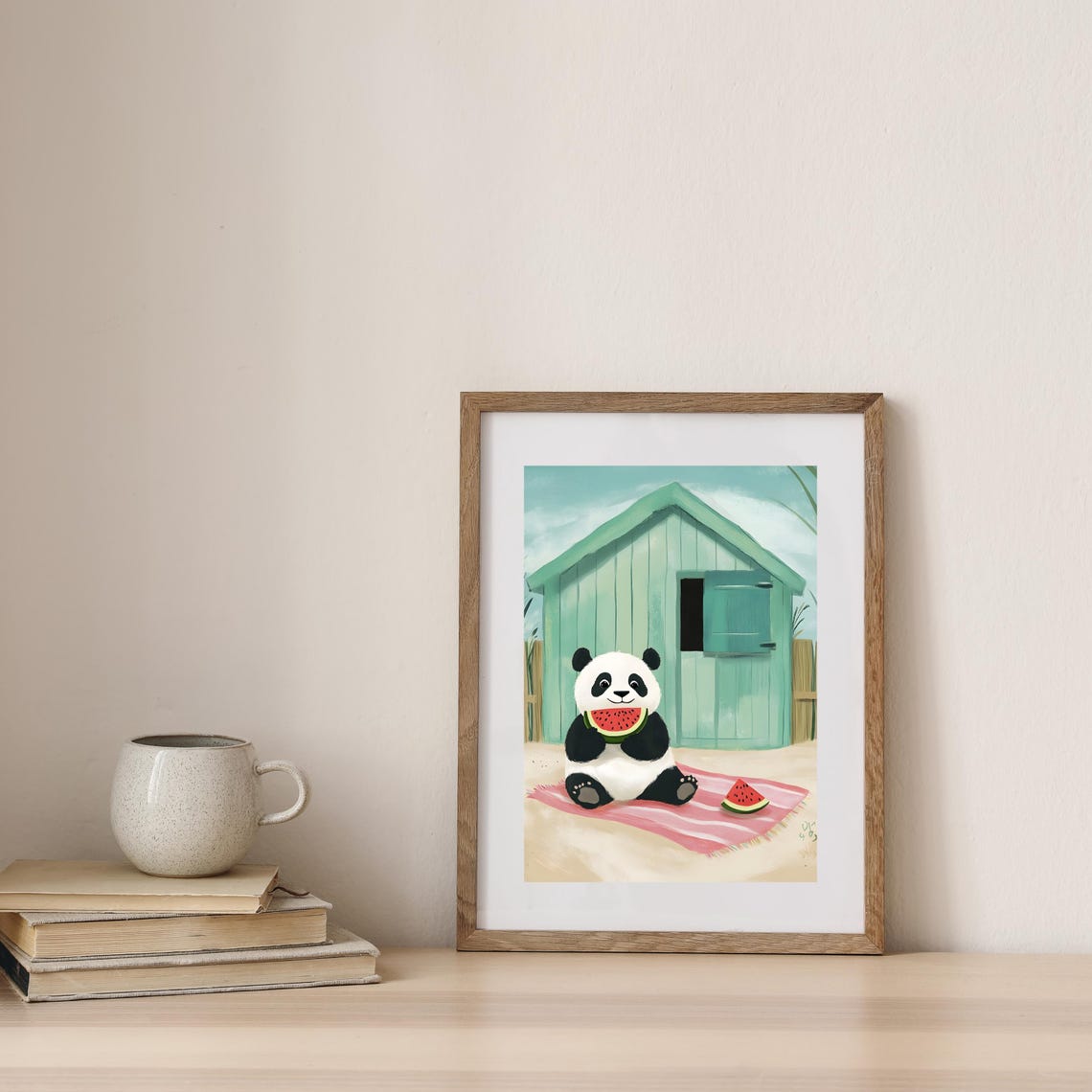 Cute Baby Panda Eating Watermelon at Mint Green Beach Hut Poster - Image 3