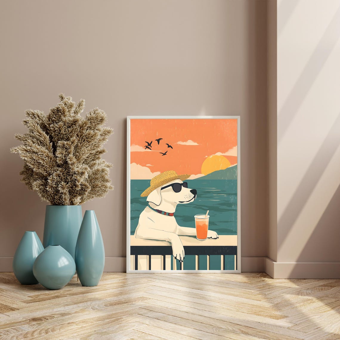 Cool Dog With Straw Hat and Sunglasses at Beach Sunset Poster - Image 2