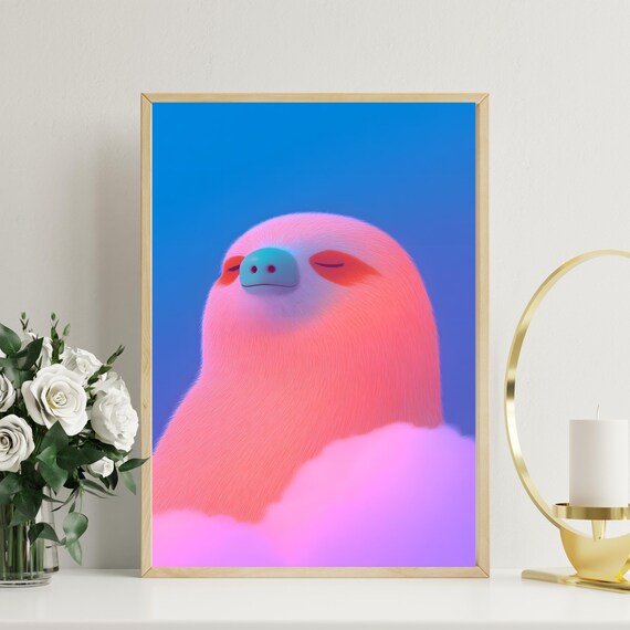 Dreamy Pink Sloth Resting Peacefully Among Soft Pastel Clouds Poster