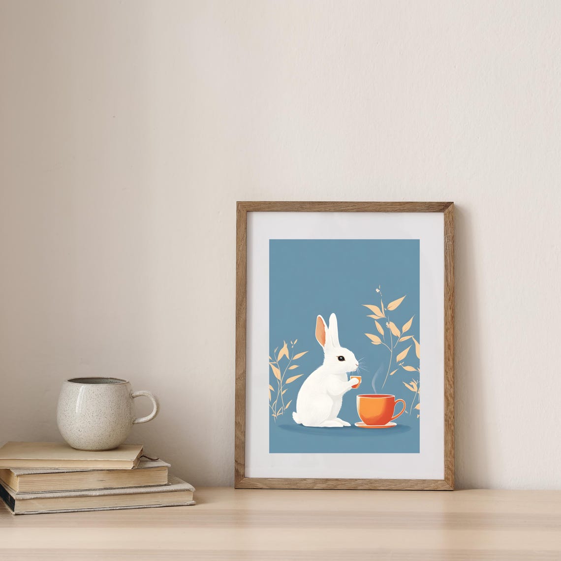Adorable White Bunny Drinking Tea on a Dusty Blue Botanical Poster - Image 7