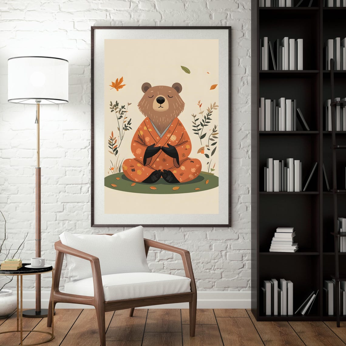 Meditating Bear in an Orange Kimono among Falling Autumn Leaves Poster - Image 4