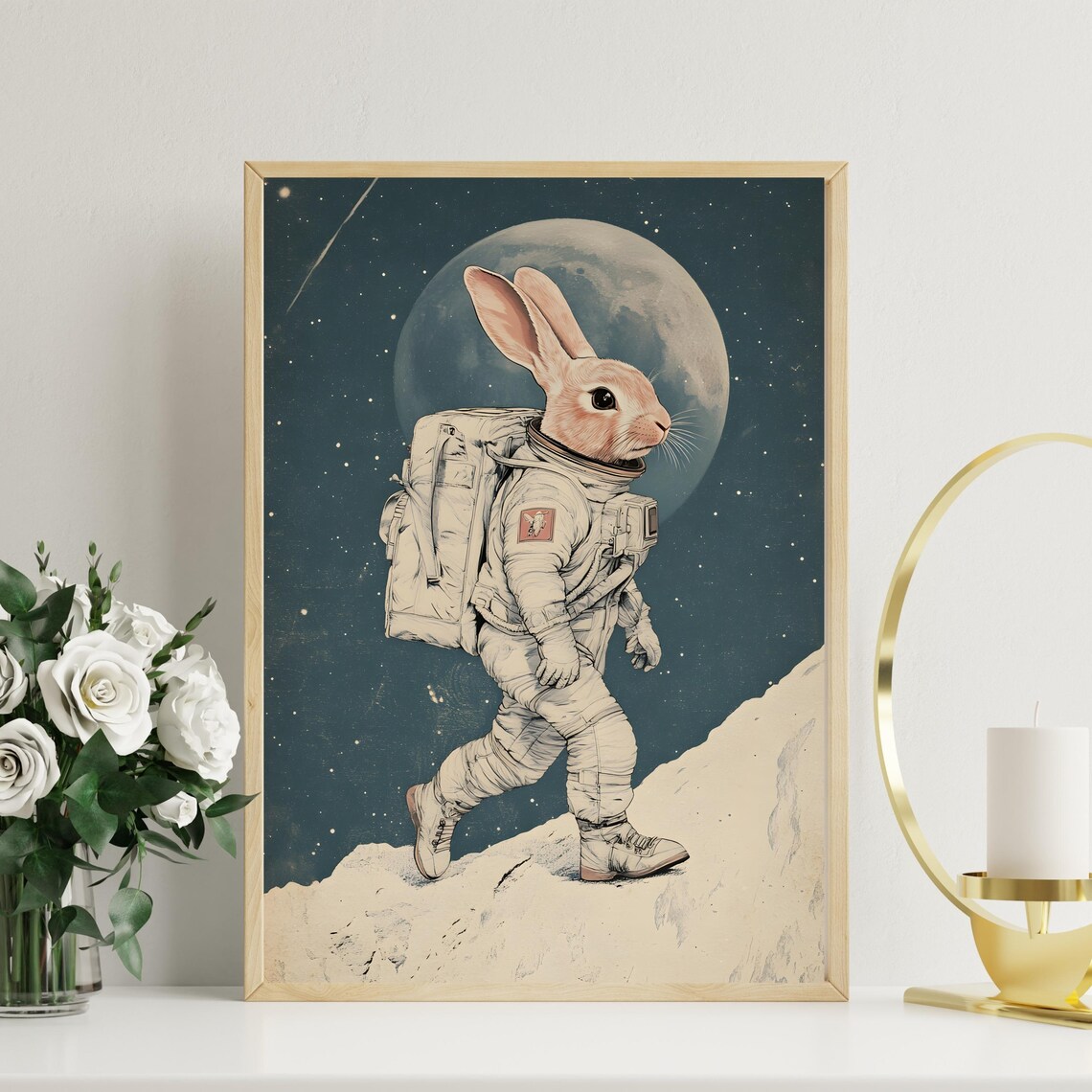 Astronaut Bunny Walking on the Moon Surface Vintage Space Poster - Image 2