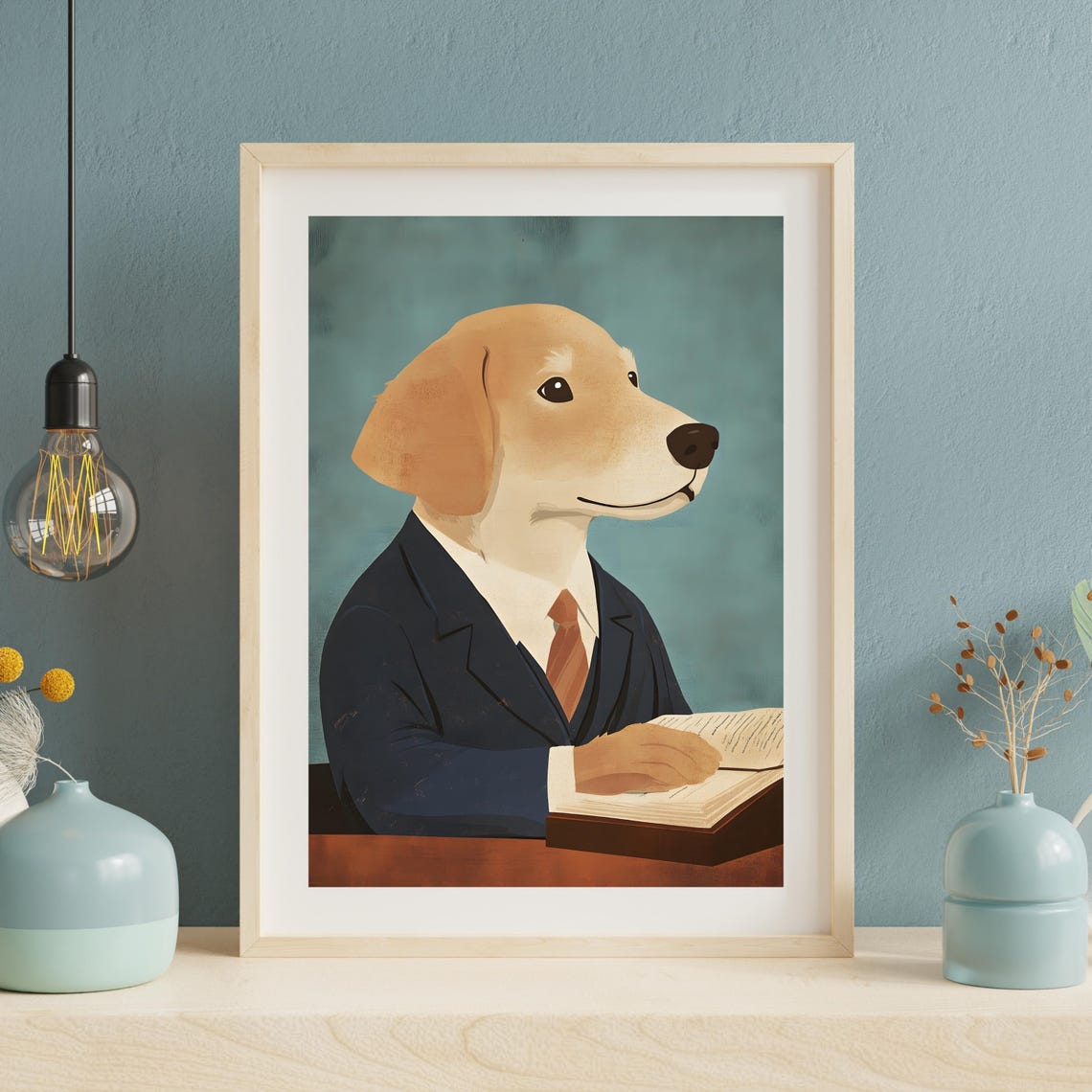 Golden Retriever In A Business Suit Reading At His Desk Poster