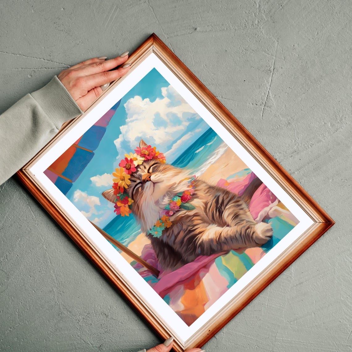 Fluffy Beach Cat With Flower Lei Sunbathing Under An Umbrella Poster - Image 4