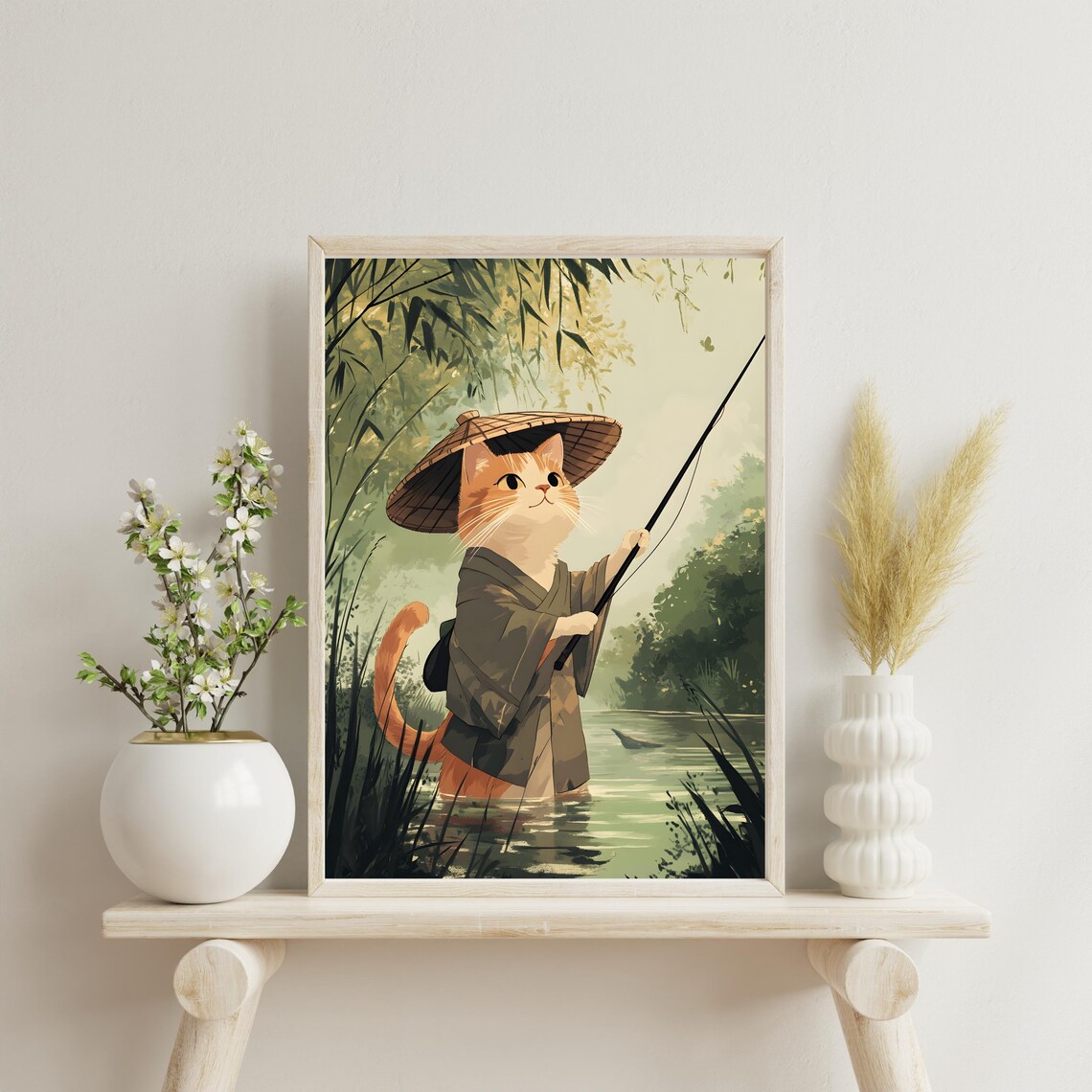 Ginger Cat Fisherman Wearing a Kimono and Straw Hat on a Calm River Poster - Image 3