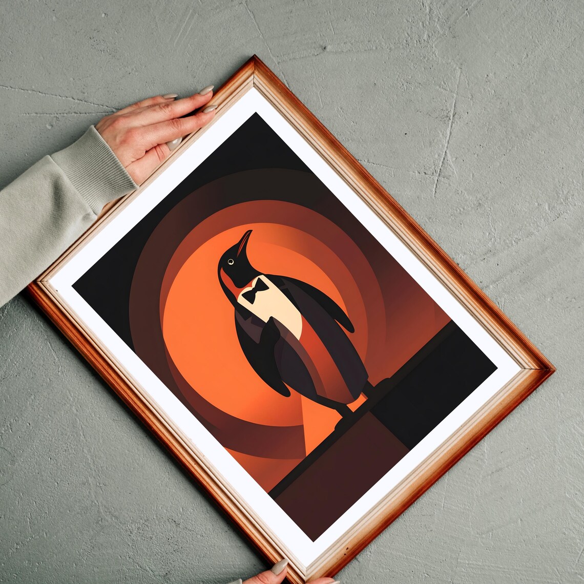 Elegant Penguin in Tuxedo Against Art Deco Orange Circles Poster - Image 2
