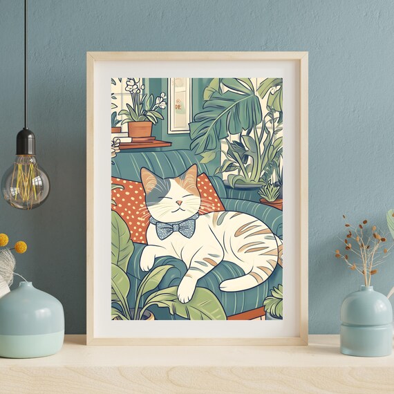 Cat In A Bow Tie Lounging On A Couch Surrounded By Houseplants Poster
