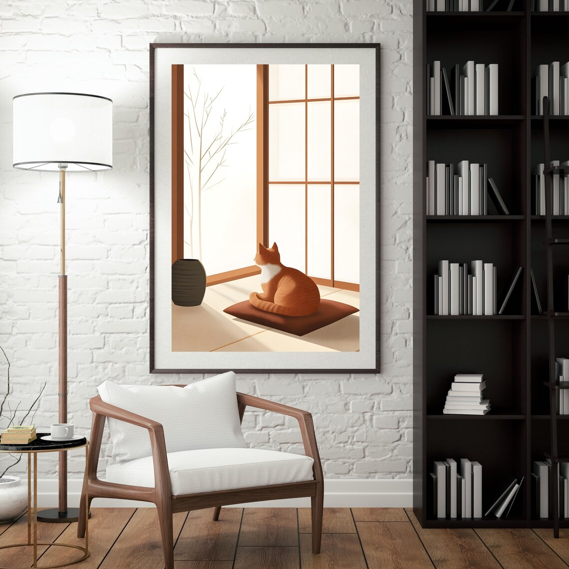 Quiet Orange Cat Sitting on a Cushion Before a Tall Shoji Screen Poster - Image 4