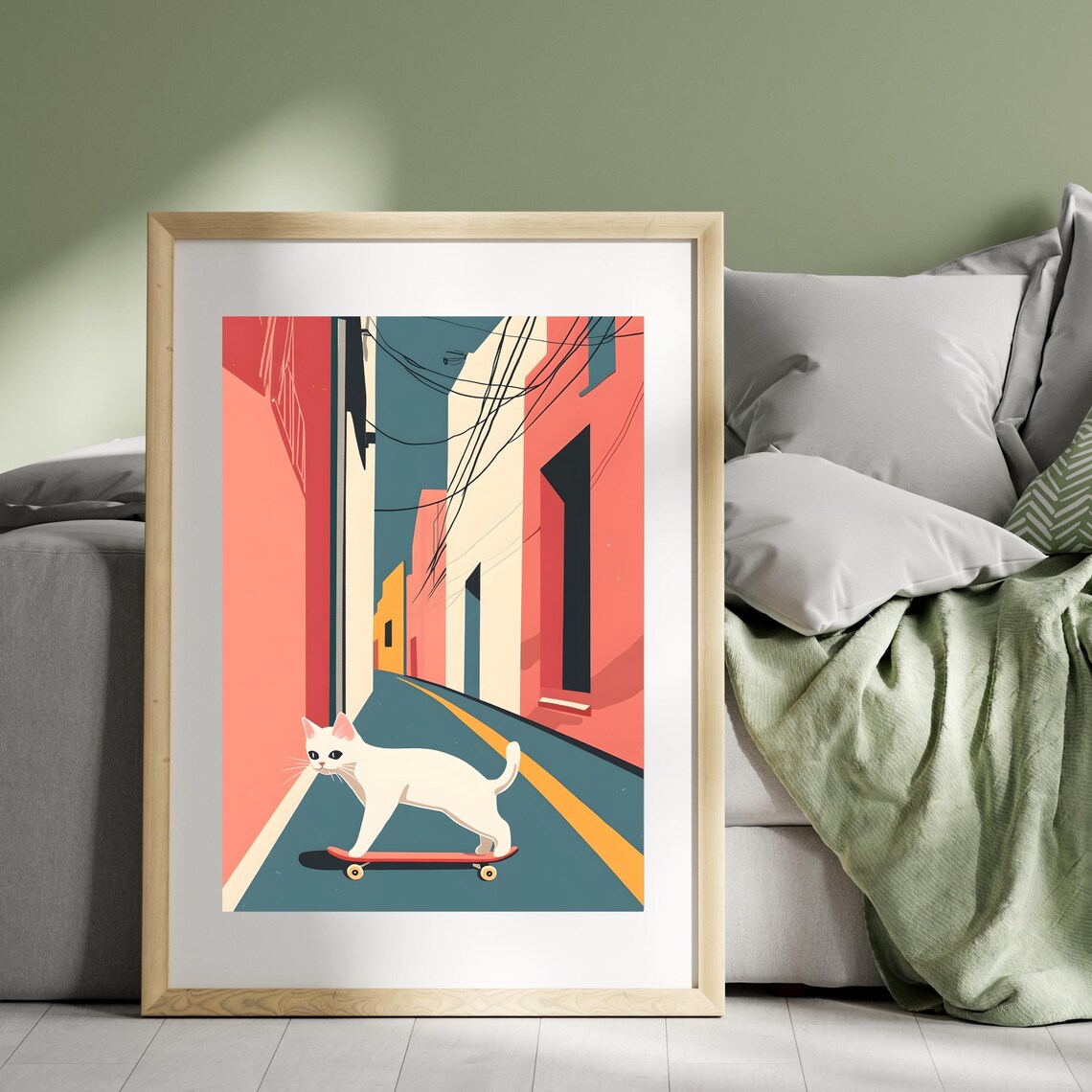 White Cat Skateboarding Down Colorful City Street Art Poster - Image 6