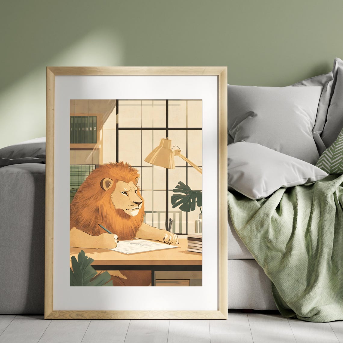 Focused Lion Writing at Office Desk Whimsical Animal Office Poster - Image 7
