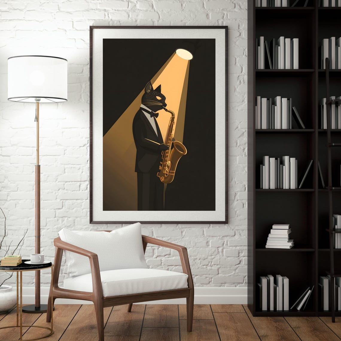 Black Cat in Tuxedo Playing Saxophone Under Spotlight Poster - Image 4