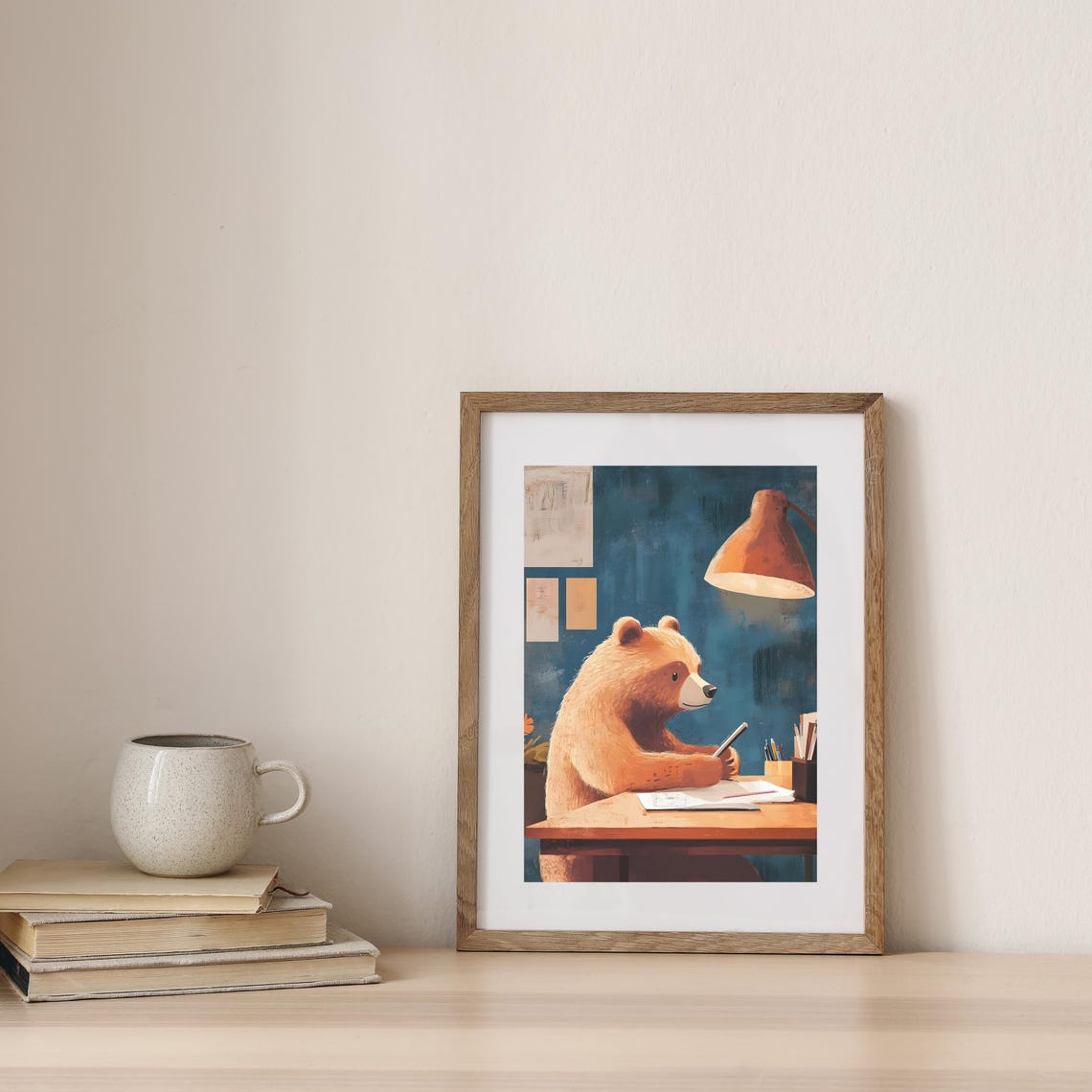 Cute Brown Bear Writing In A Notebook At A Desk Under A Lamp Poster - Image 7