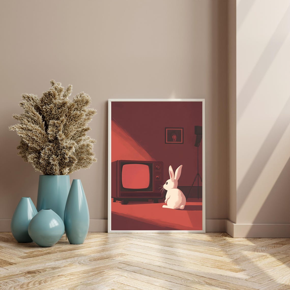 Retro Bunny Watching Vintage TV Red Room Minimalist Animal Art Poster - Image 8