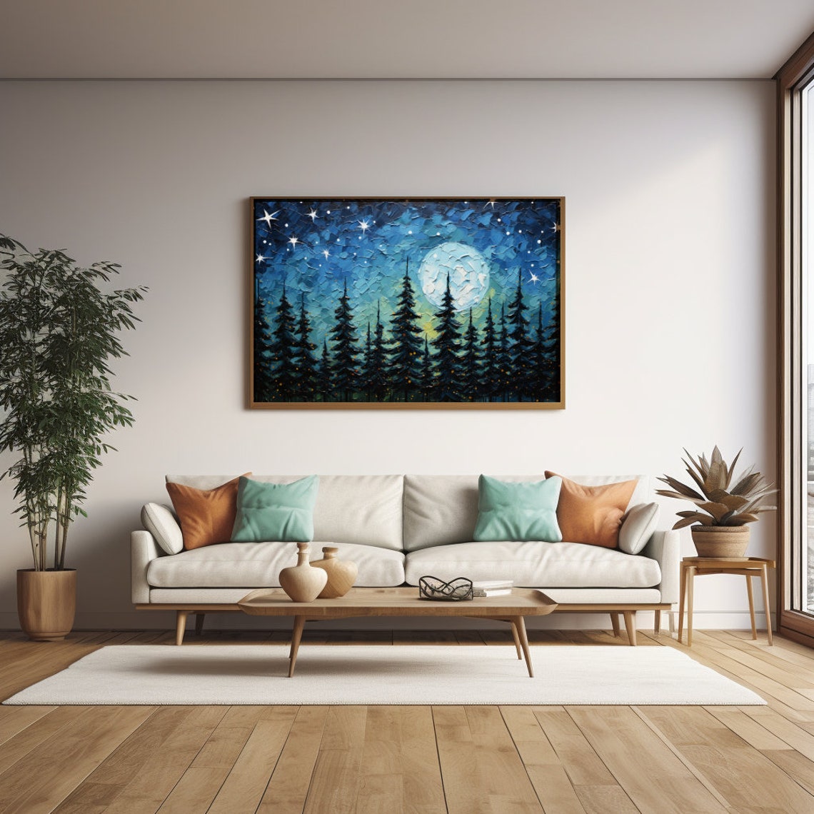 Starry Night Sky Pine Tree Silhouette Art Print - Image 5