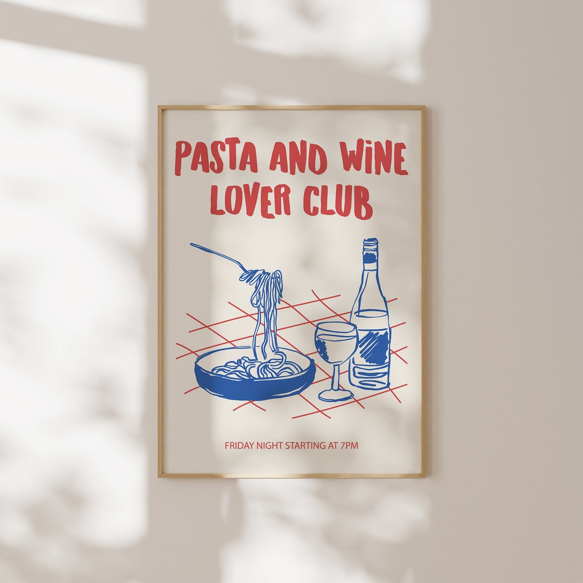 Pasta and Wine Lover Club Retro Red Blue Italian Dinner Poster - Image 2