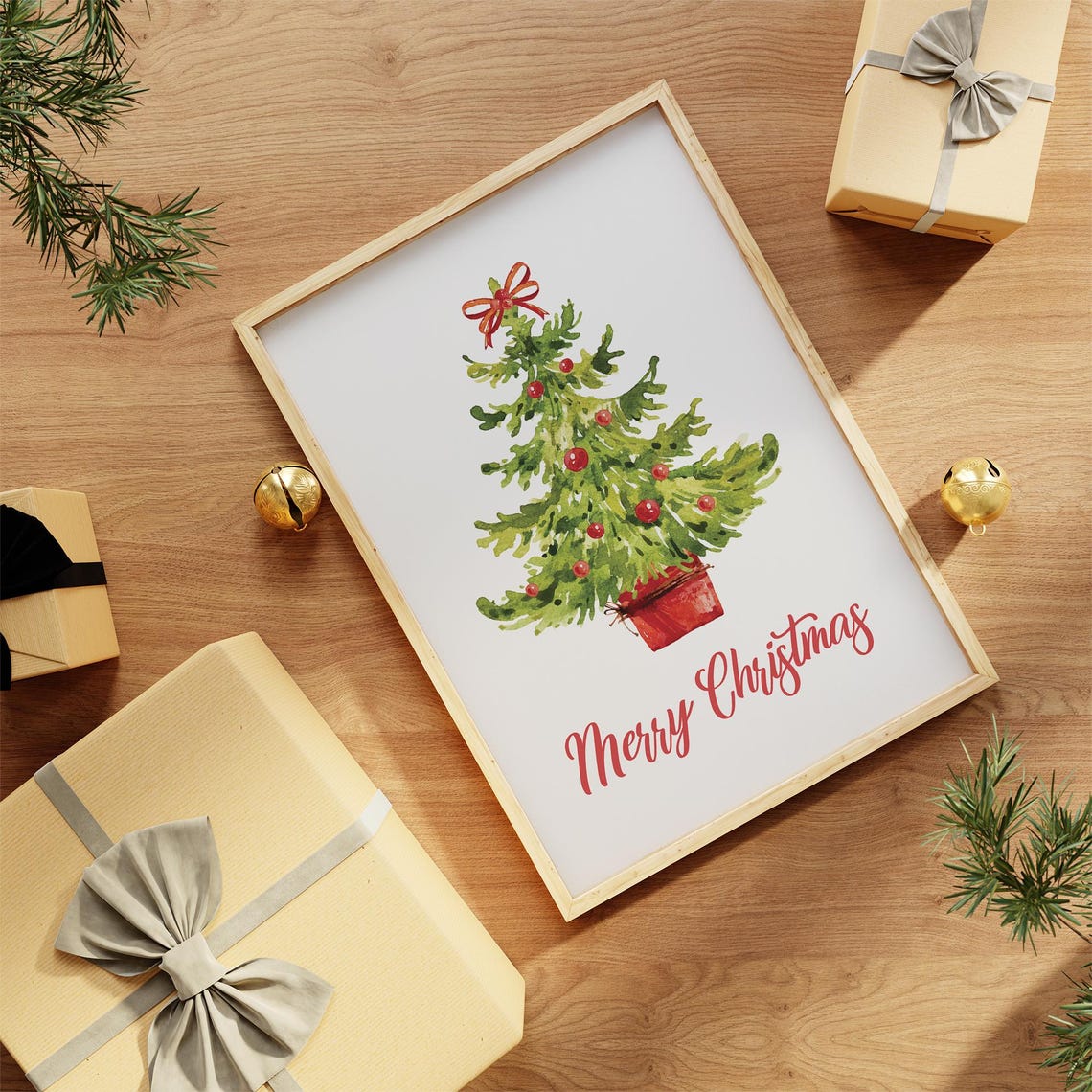 Merry Christmas Watercolor Christmas Tree Red Bow Holiday Wall Poster - Image 2