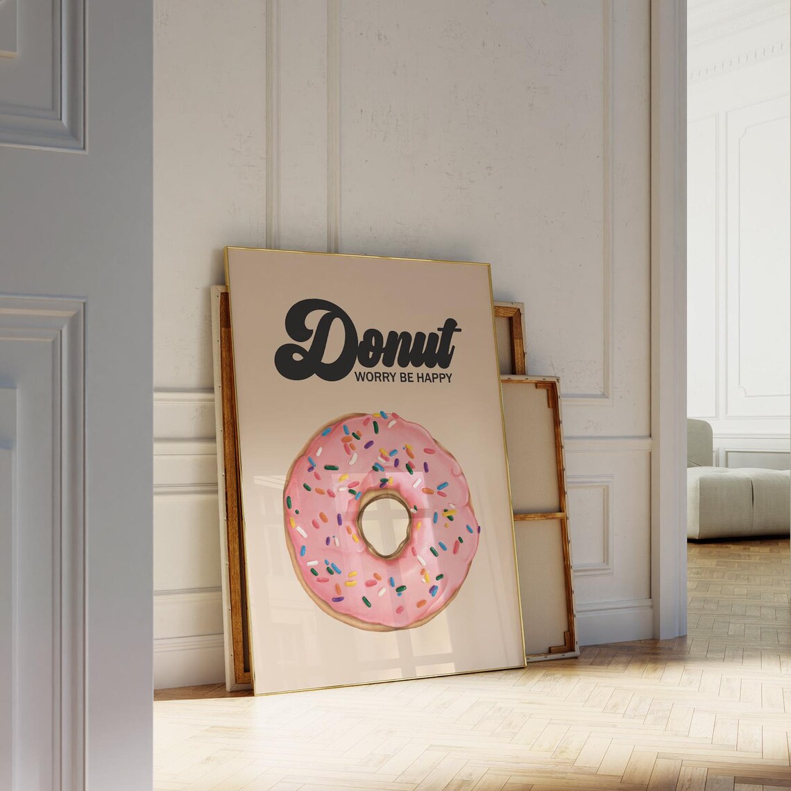 Donut Worry Be Happy Pink Frosted Sprinkle Donut Retro Poster - Image 3