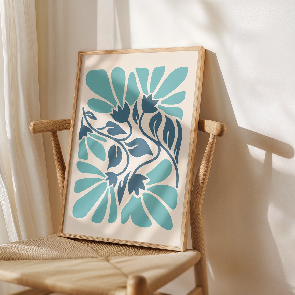 Blue Boho Botanical Flowers Teal Abstract Floral Cream Art Poster - Image 3