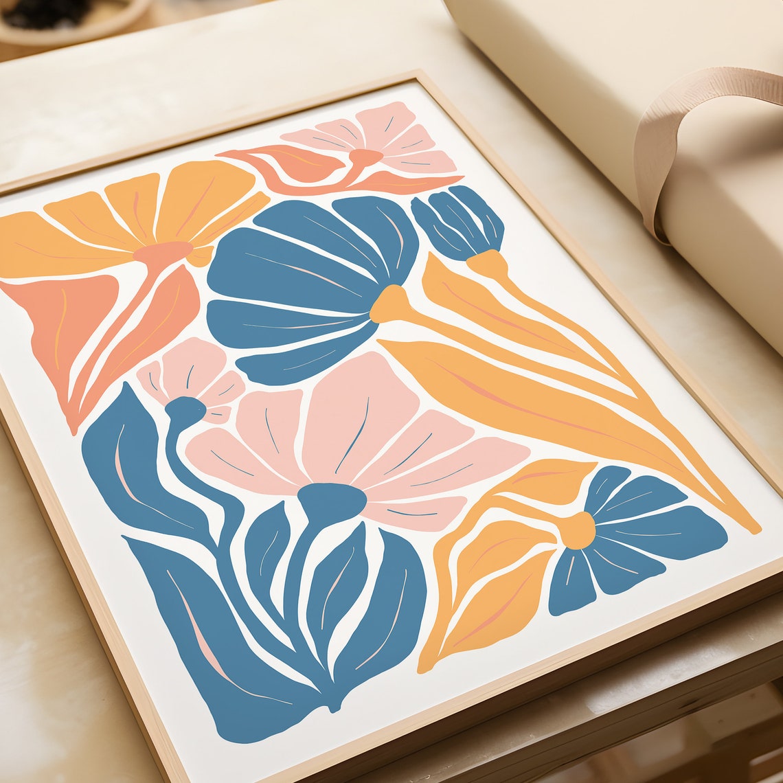 Blue Peach Orange Abstract Floral Matisse Style Botanical Wall Poster - Image 2