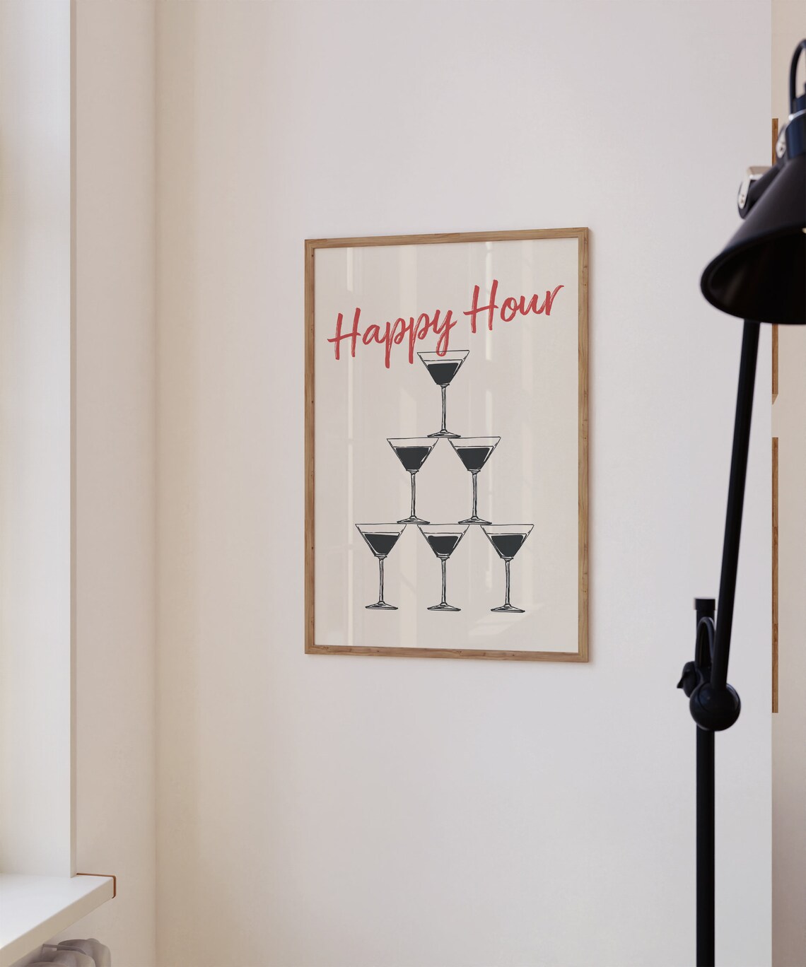 Happy Hour Red Script Martini Glass Pyramid Cocktail Bar Cart Wall Poster - Image 2