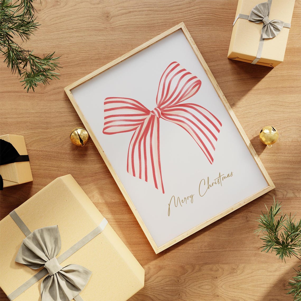 Merry Christmas Big Red Striped Bow Gold Script Holiday Wall Art - Image 2