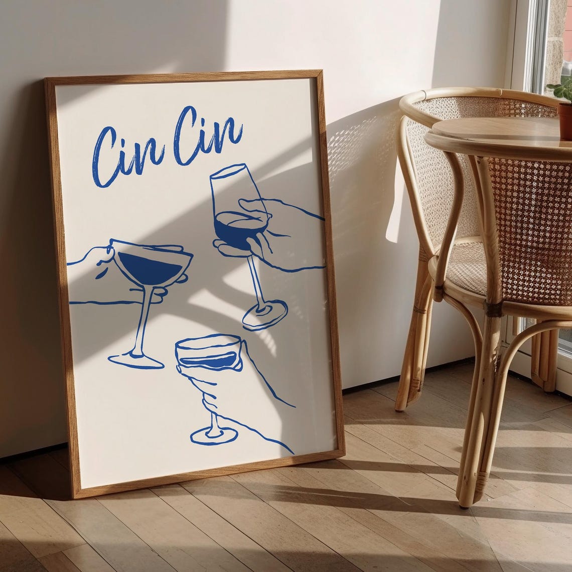 Cin Cin Blue Wine Glasses Toast Line Art Retro Bar Cart Poster - Image 2