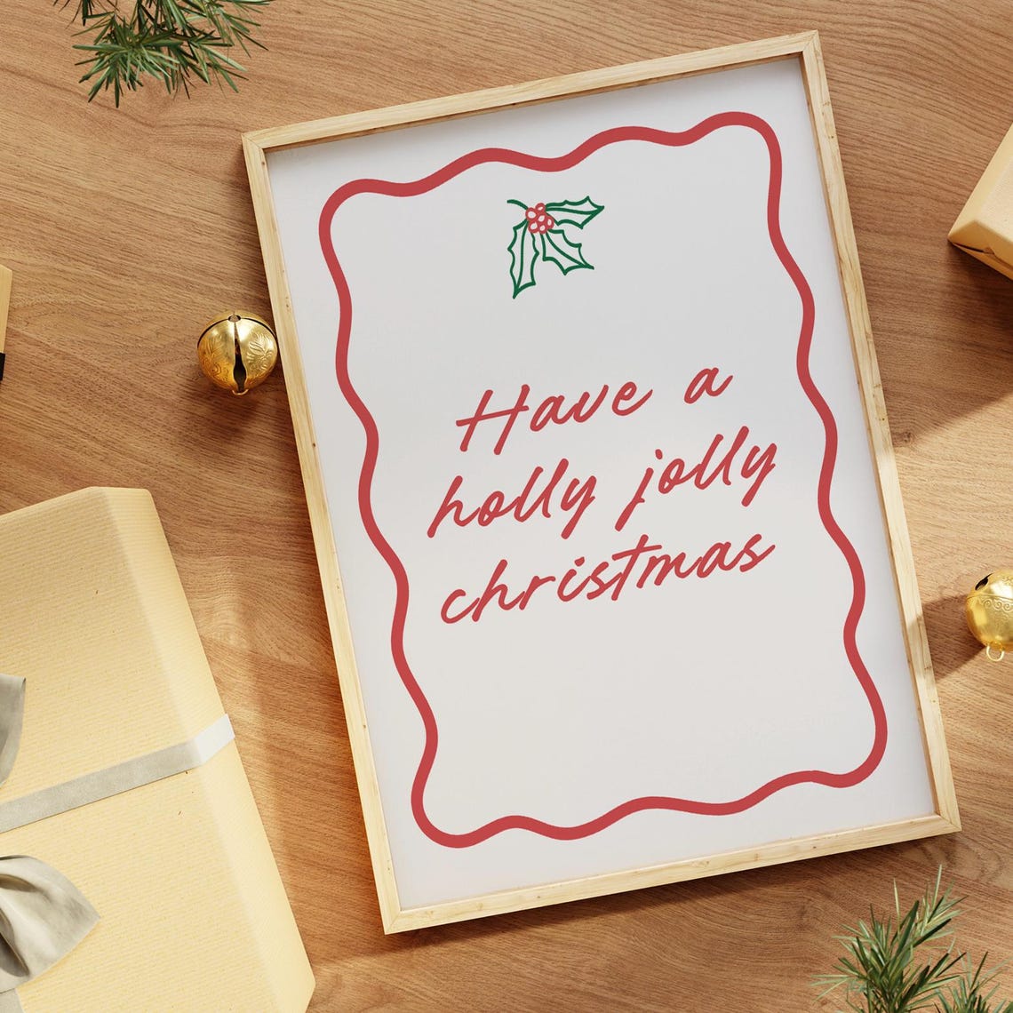 Have A Holly Jolly Christmas Red Retro Script Wavy Border Wall Art - Image 2