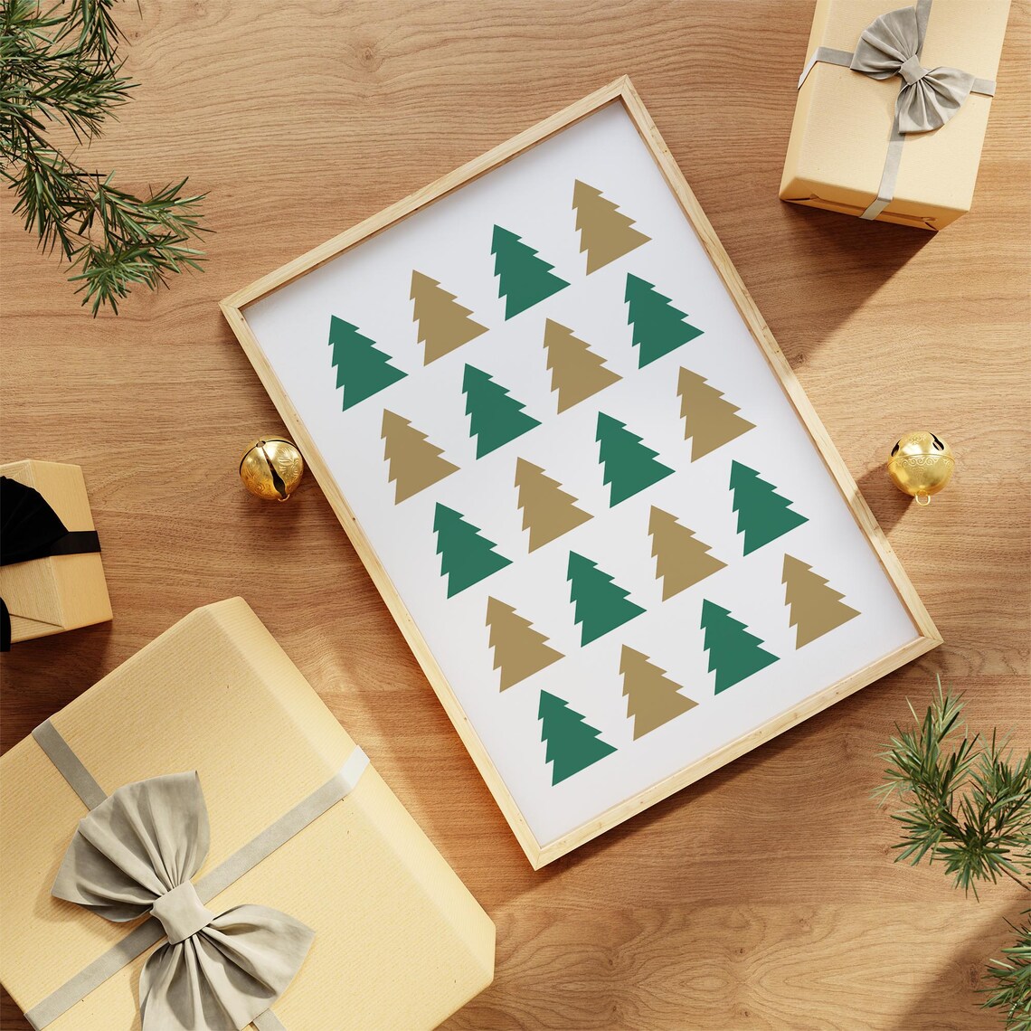 Green Gold Christmas Tree Grid Pattern Modern Minimalist Holiday Poster - Image 2