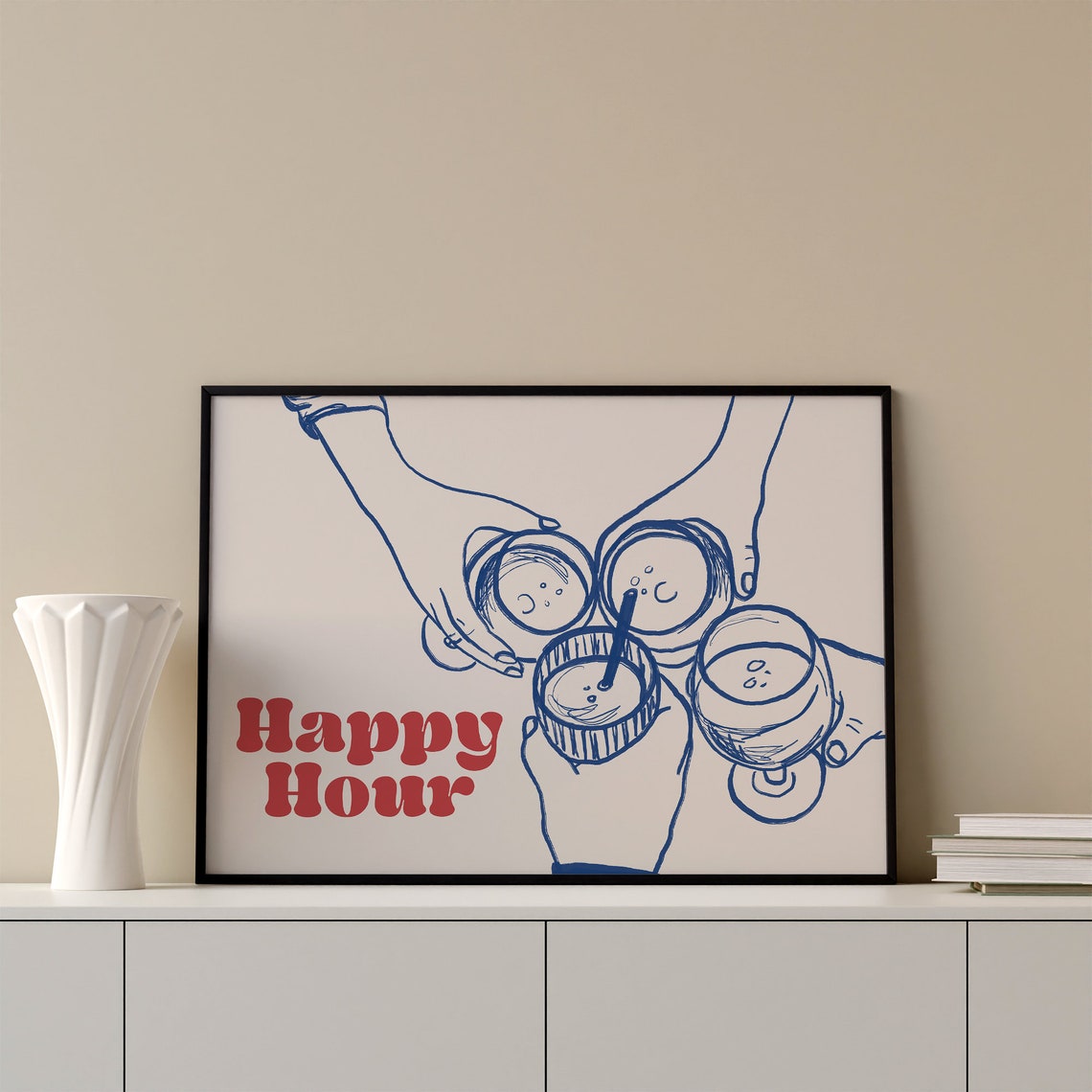 Happy Hour Blue Line Art Cocktail Cheers Party Bar Decor Wall Art - Image 2