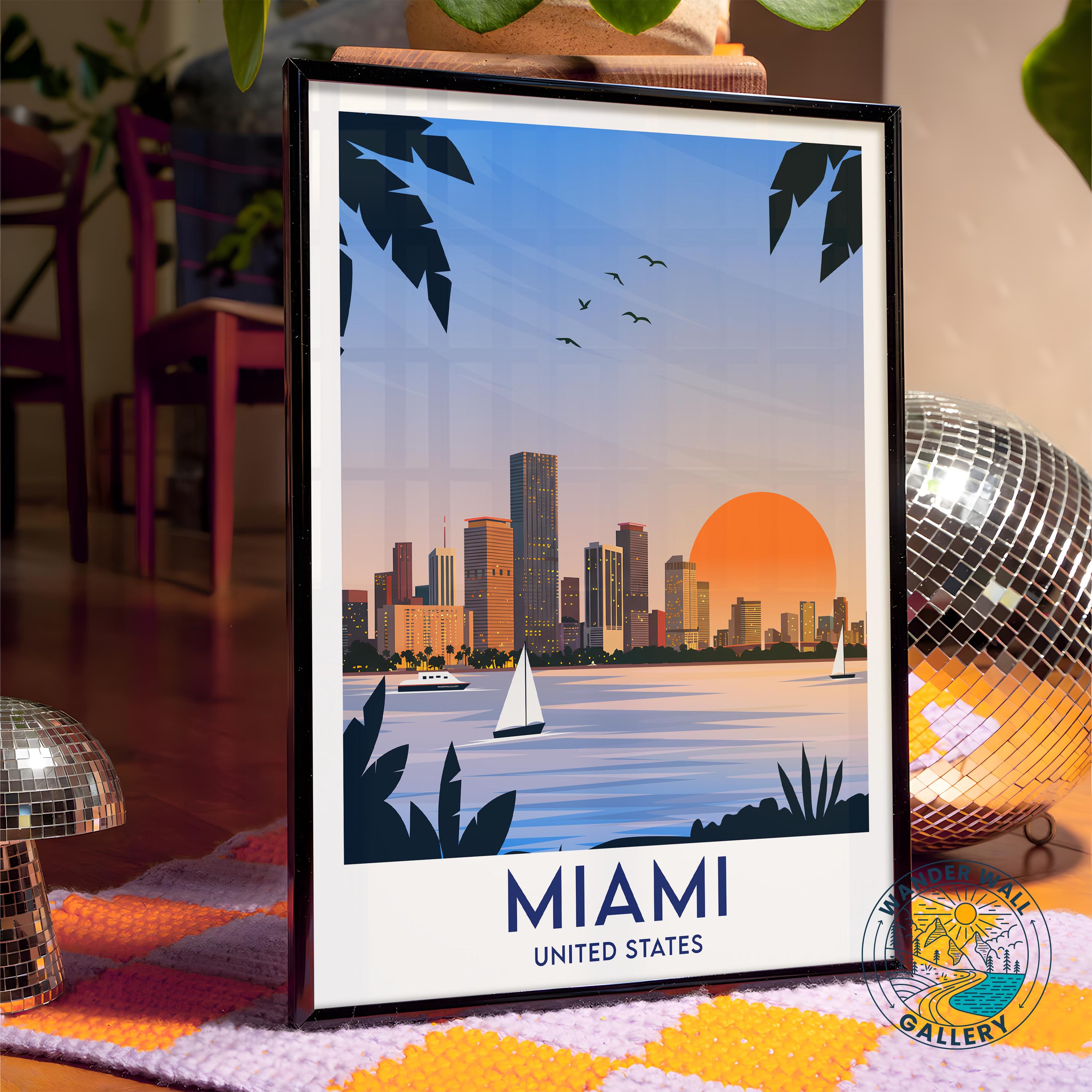 Miami Florida Sun Skyline Sailboats Bay Palms Ocean View Travel Poster - Image 4