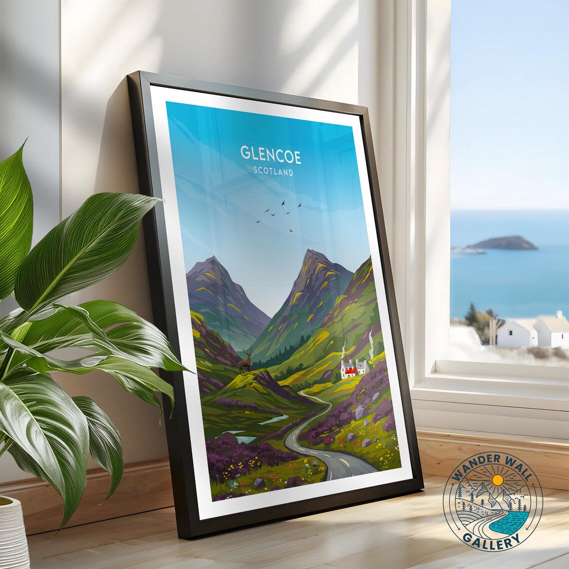 Glencoe Scotland Highland Valley Stag Cottage Mountain Travel Poster - Image 2