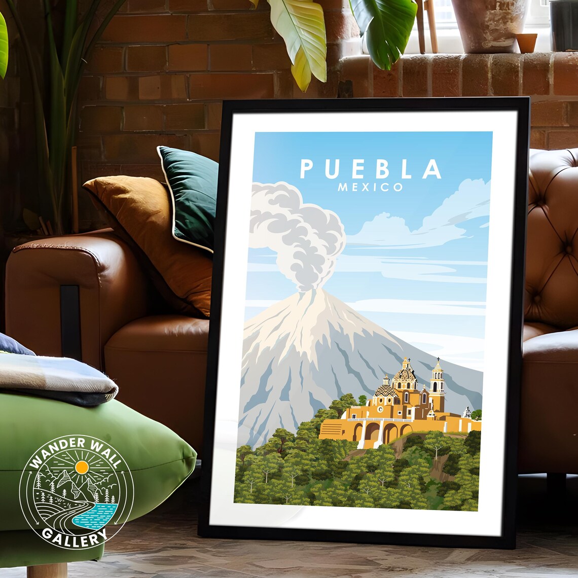 Puebla Mexico Church Hill Smoking Volcano Colonial Retro Travel Poster - Image 6