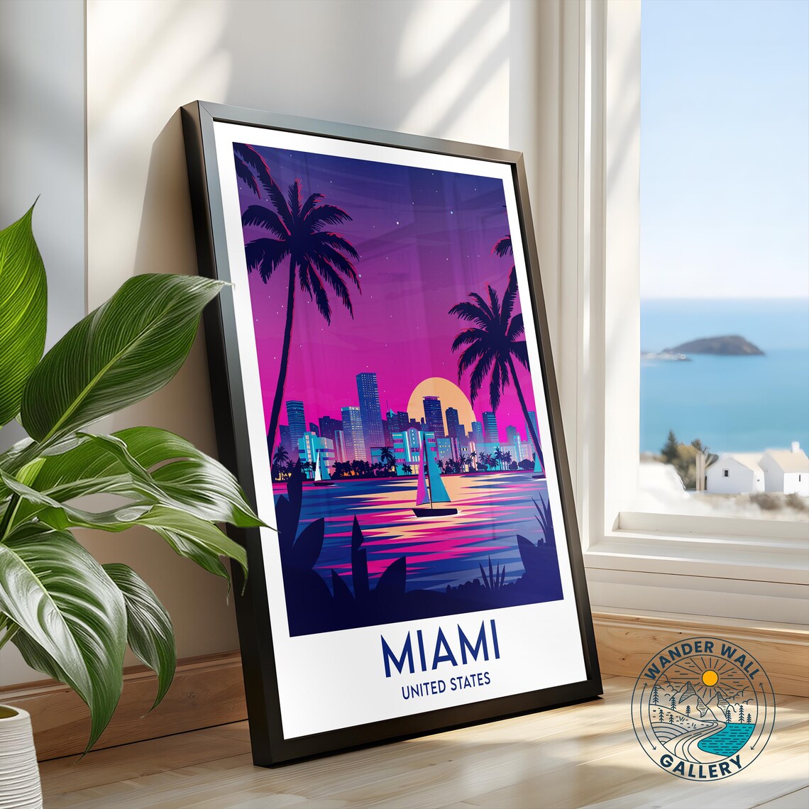 Miami Florida Night Skyline Sailboats Palms Ocean Bay Travel Poster - Image 2