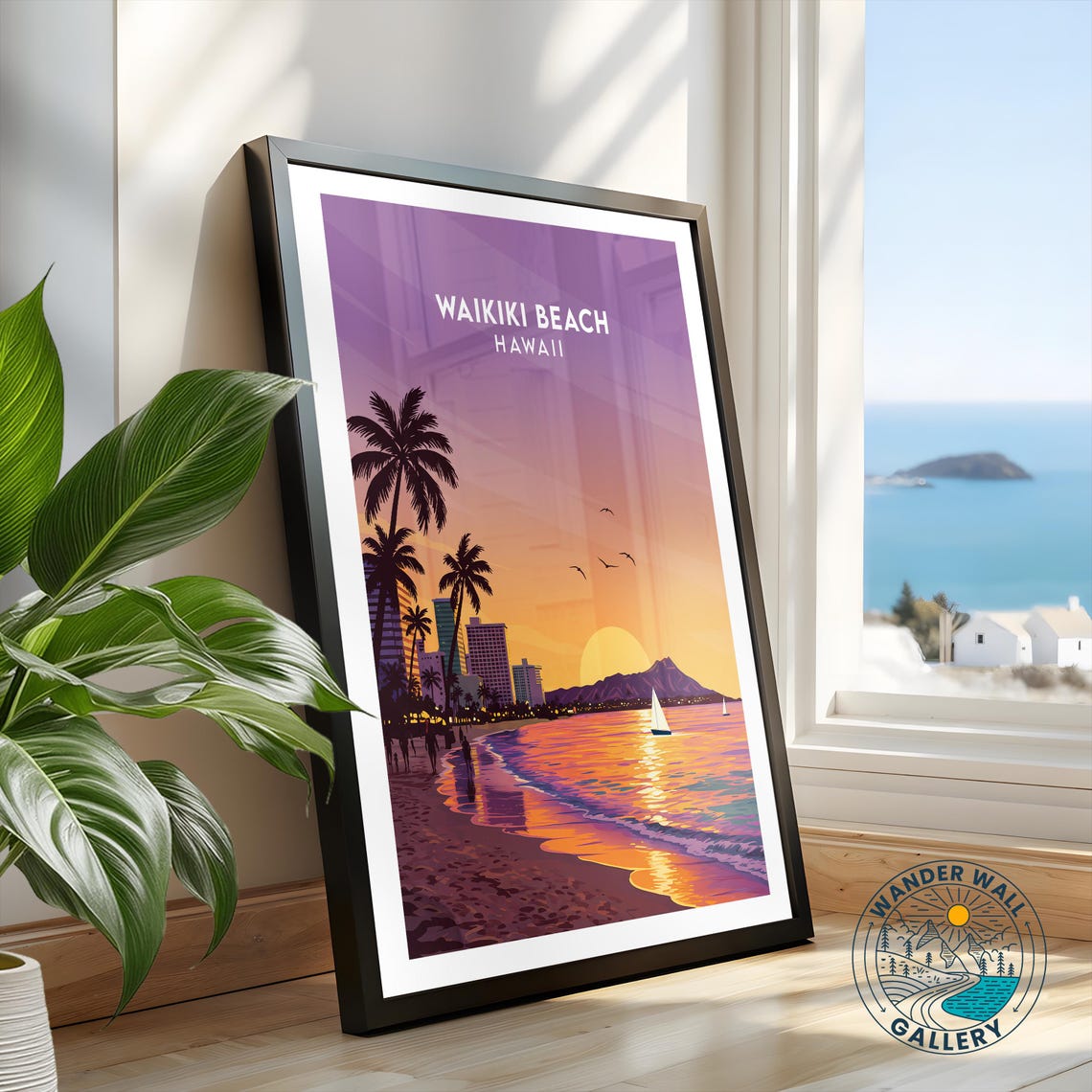 Waikiki Beach Hawaii Sunset Palm Trees Diamond Head Ocean Poster - Image 2