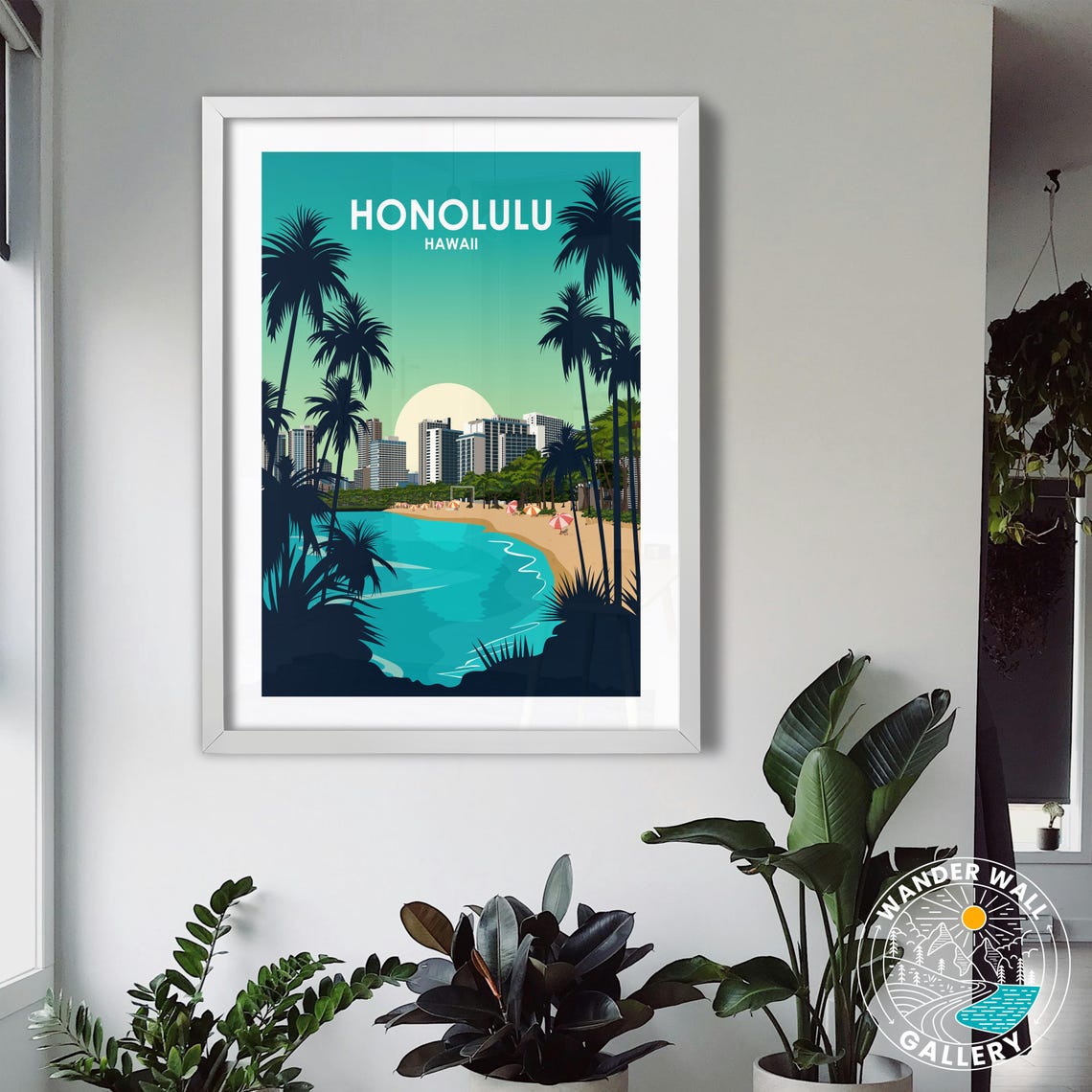 Honolulu Hawaii Waikiki Beach Palms Skyline Sunset Travel Poster - Image 3