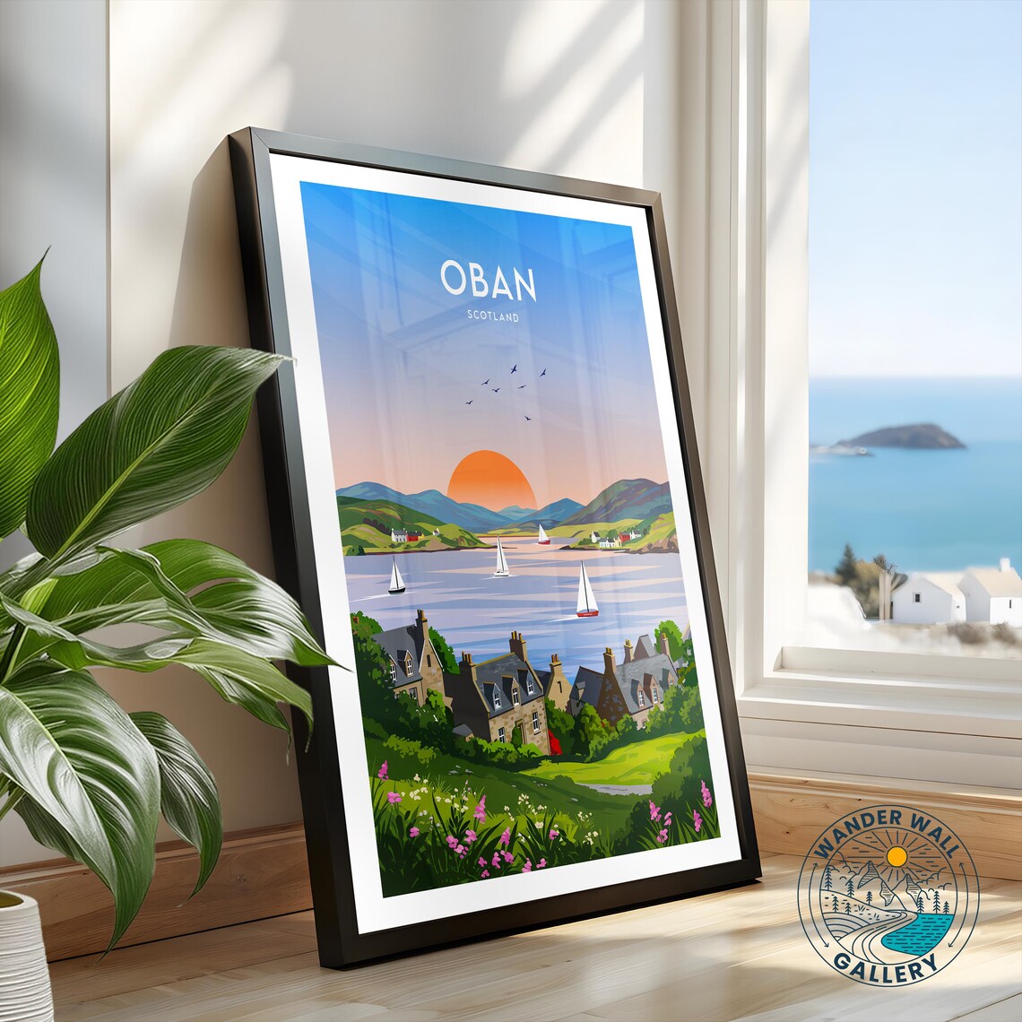 Oban Scotland Bay Sunset Sailboats Stone Cottages Coast Travel Poster - Image 2