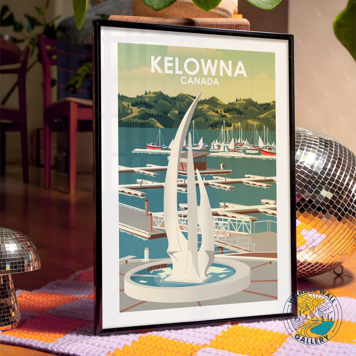 Kelowna Canada Marina with Sail Sculpture Vintage Travel Poster - Image 4