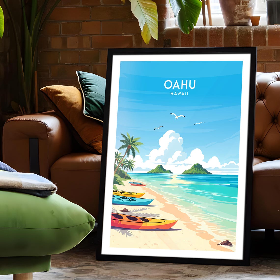 Oahu Hawaii Beach Kayaks Coconut Palms Turquoise Water Poster - Image 6