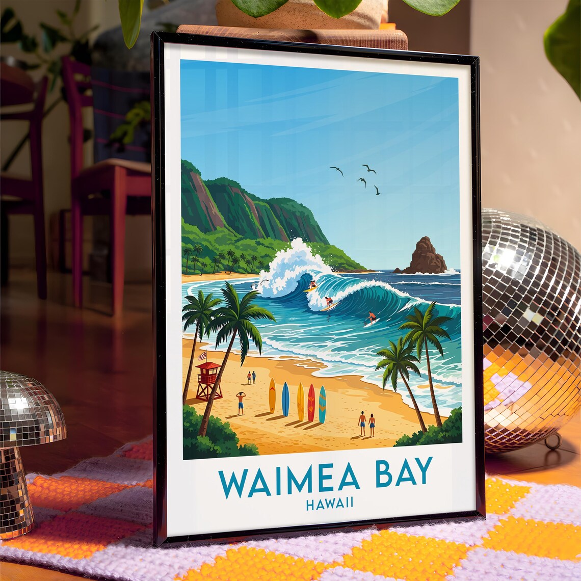 Waimea Bay Hawaii Big Wave Surfing Beach Palm Trees Surf Art Poster - Image 4