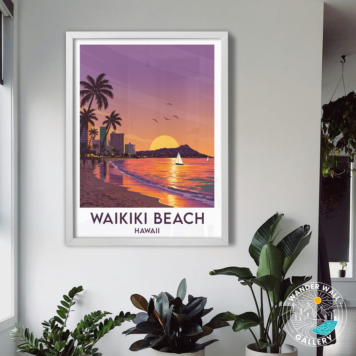 Waikiki Beach Hawaii Sunset Surf Palms Diamond Head Crater Poster - Image 3