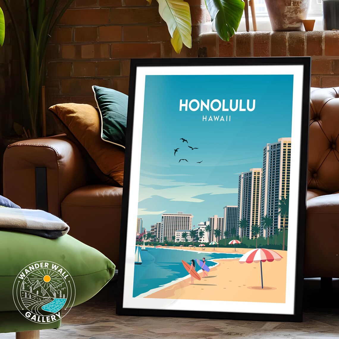 Honolulu Hawaii Waikiki Beach Surfers Tropical Sunset Poster - Image 6