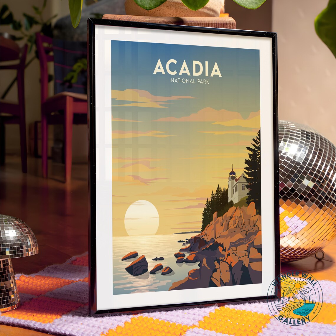Acadia National Park Lighthouse Sunset Coast Retro Travel Poster - Image 4