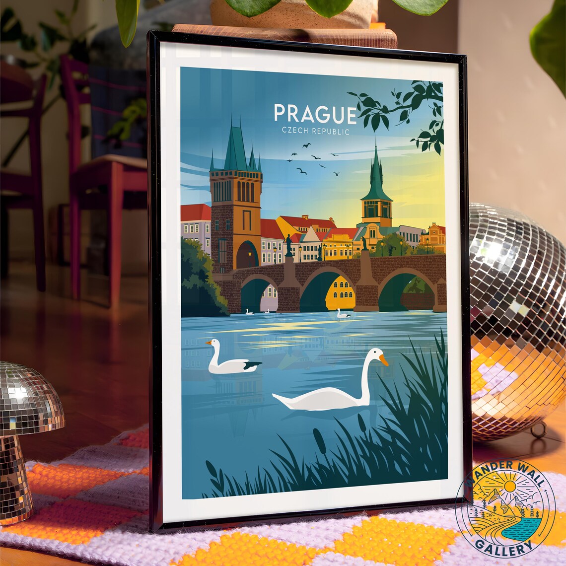 Prague Charles Bridge Swans Sunset Czech Republic Retro Travel Poster - Image 4