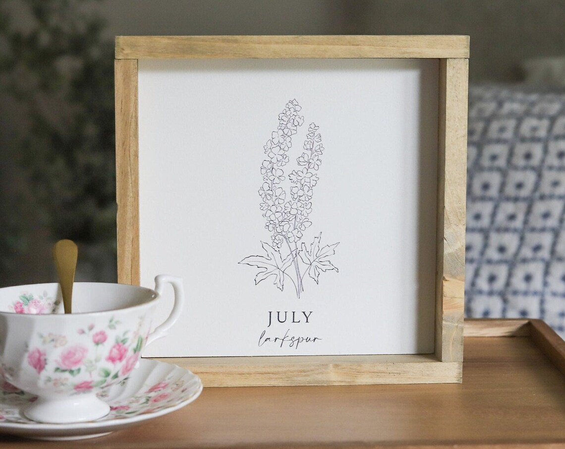 July Larkspur Birth Flower Line Drawing Botanical Nursery Poster