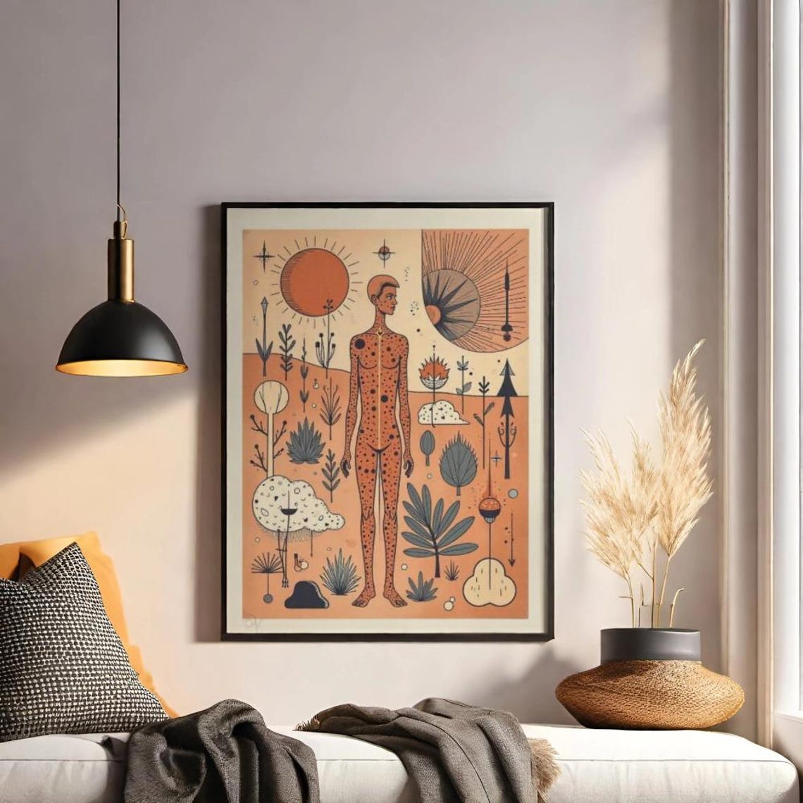 Spotted Human Figure Under Red Sun Botanical Surrealism Art Poster