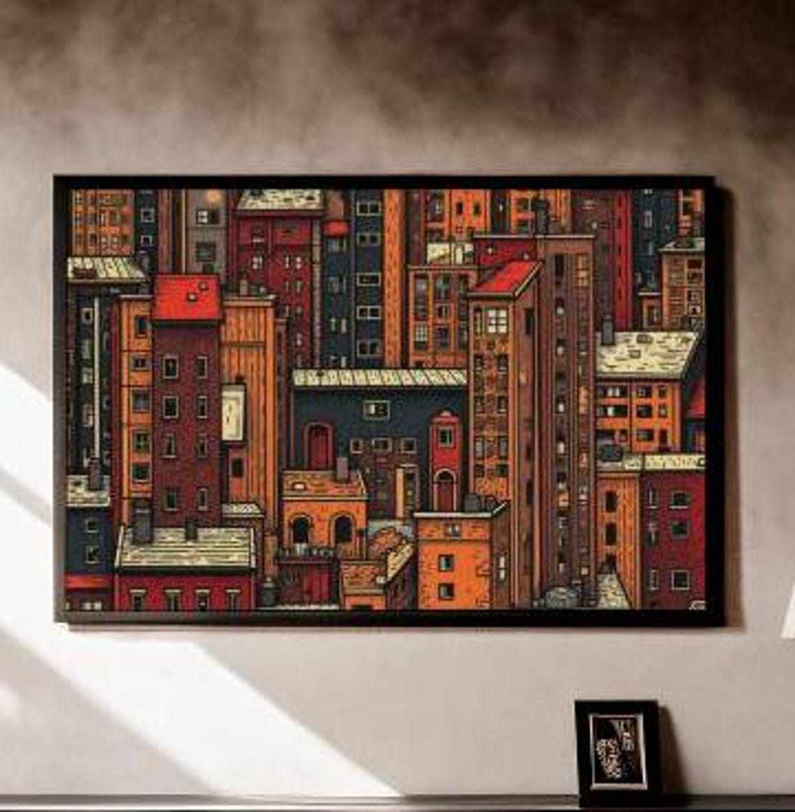 Stylized City Skyline in Red and Orange Geometric Architecture Poster
