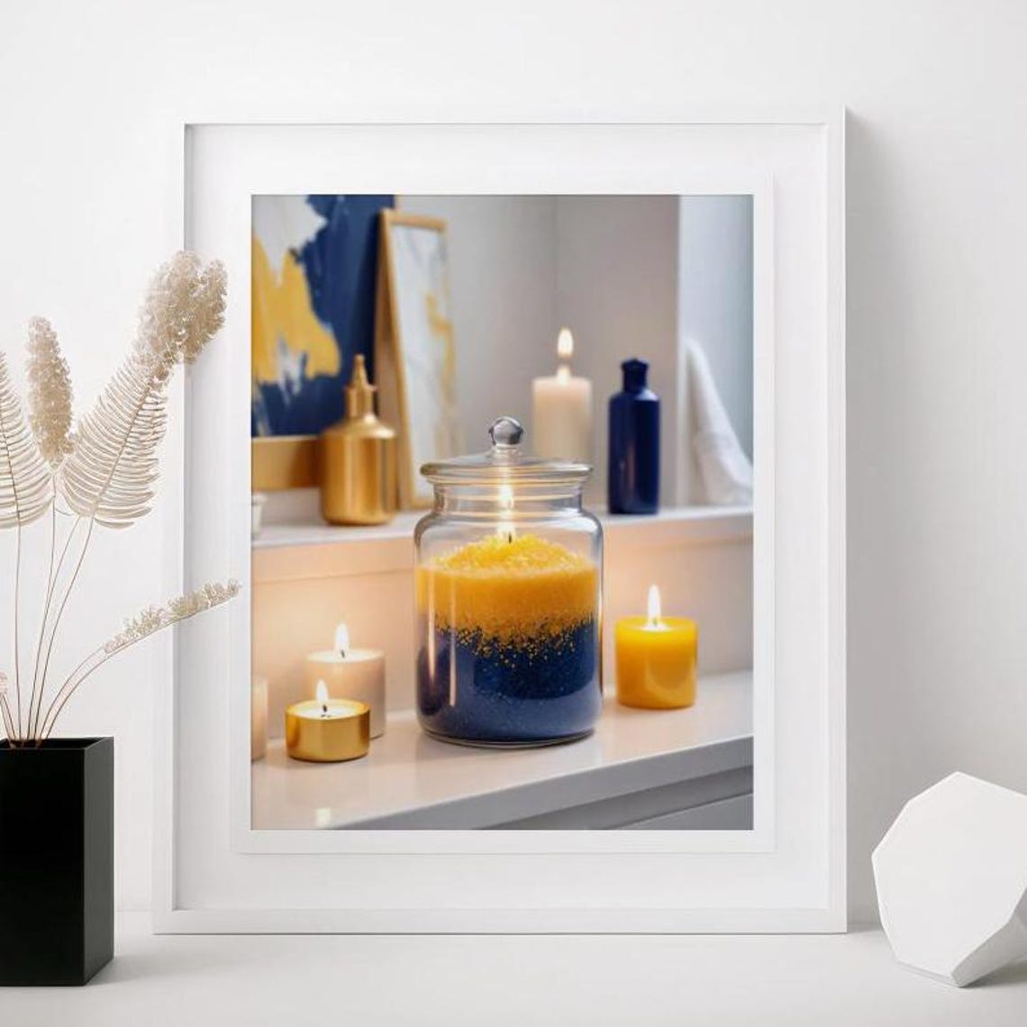 Navy And Gold Layered Candle In Glass Jar Warm Still Life Poster
