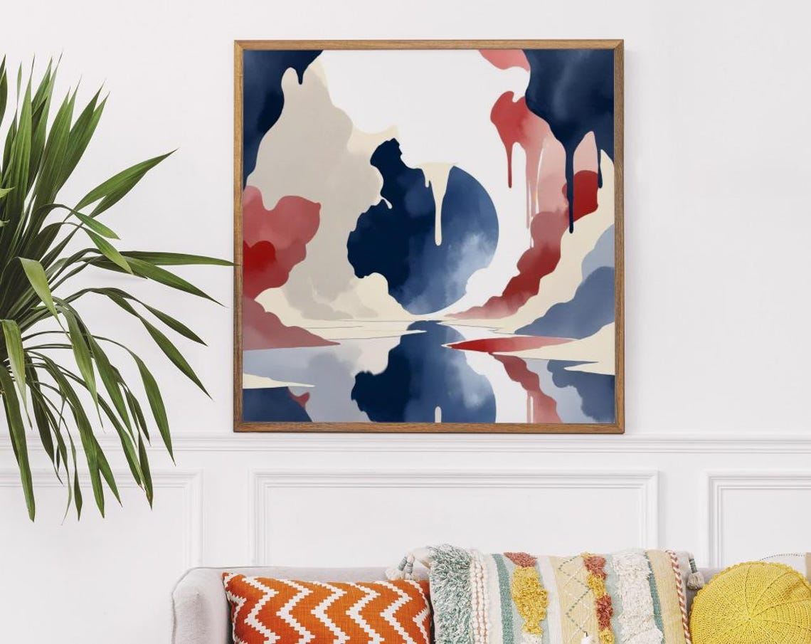 Navy Red And Cream Abstract Watercolor Art With Paint Drips Poster