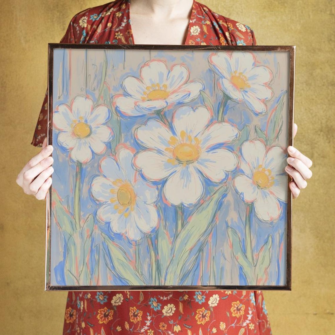 Six White Daisies on Blue Gray Pastel Bloom Floral Art Poster